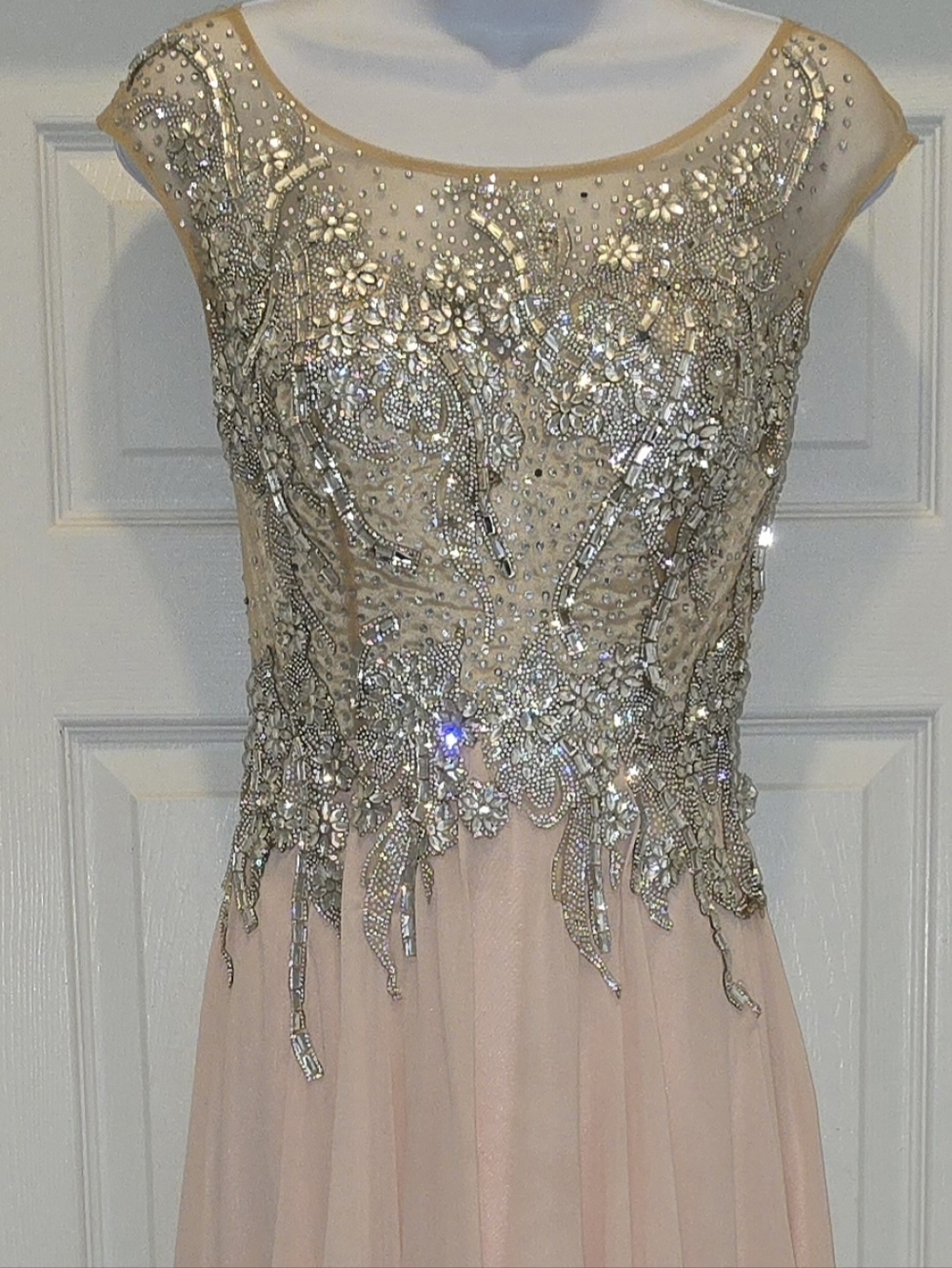 Vienna Prom Blush Pink and Silver Beaded Illusion Bodice Gown
